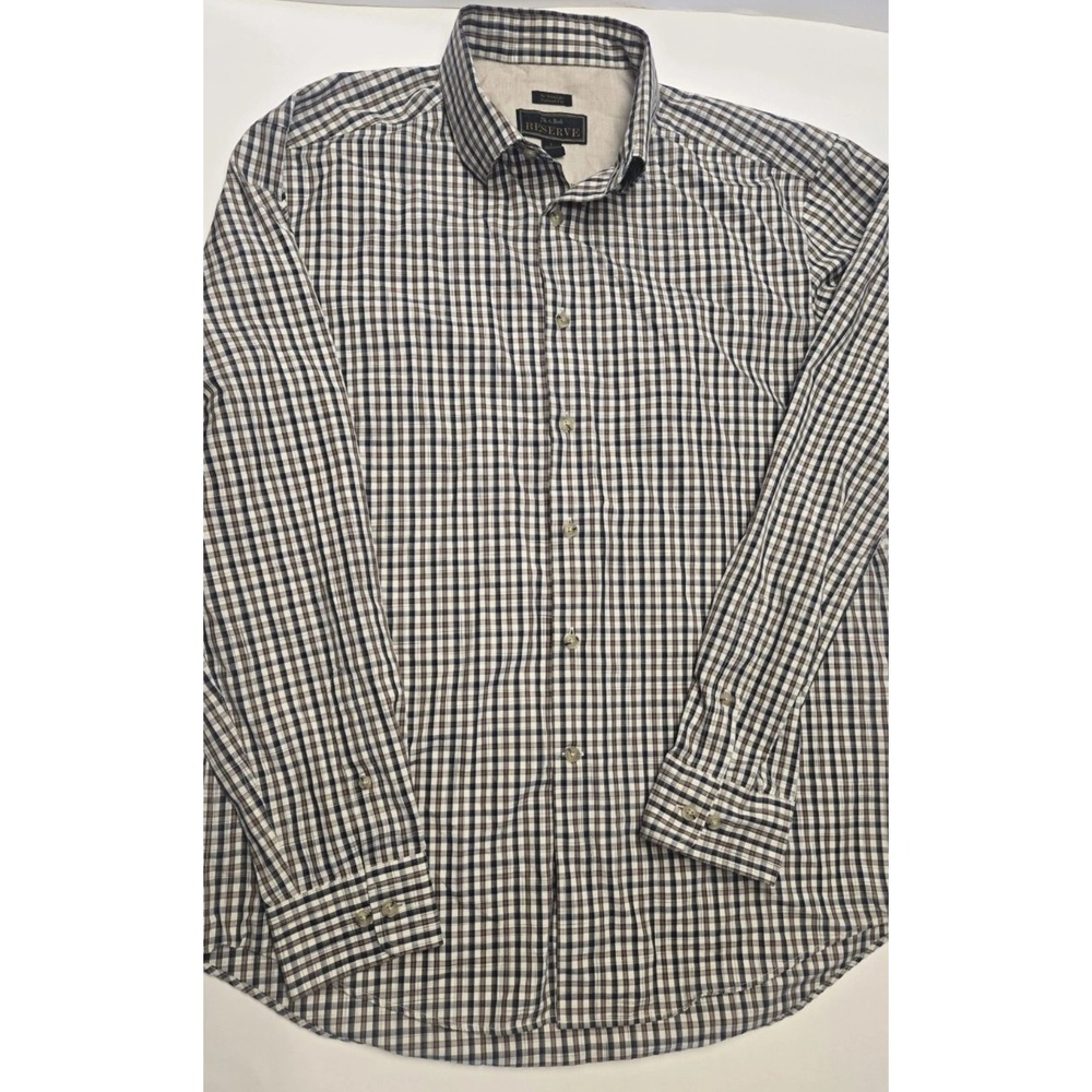 Jos. A. Bank RESERVE Shirt Men Large Tailored Fit Brown Navy Check No Wrinkle L